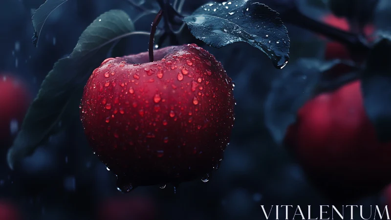 Red apple hangs under rain with cinematic moody lighting.