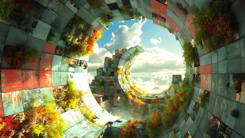 Overgrown orbital ruins curving into a luminous sky portal.