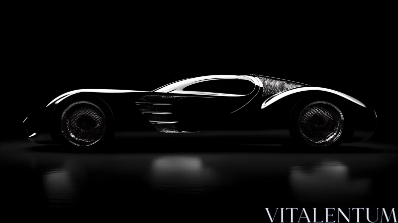 Futuristic black concept car with aerodynamic chrome lines.