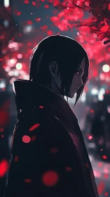 Side profile of hooded figure under red-lit tree at night