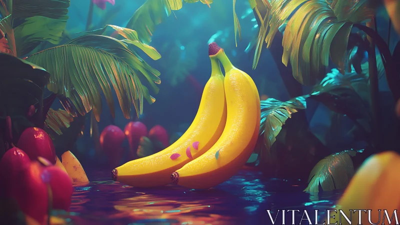 Luminous tropical bananas in stylized rainforest composition.