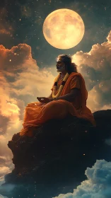 Moonlit mountain sage adrift in clouds and cosmic hush.