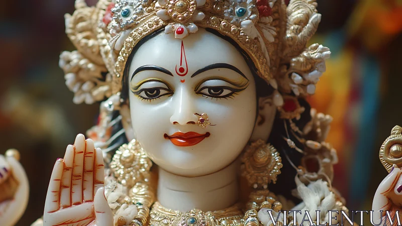 Divine goddess sculpture portrait with ornate gold detailing.