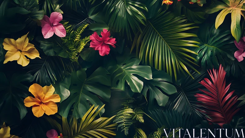 Chromatic tropical foliage array with hyperreal floral surfaces.
