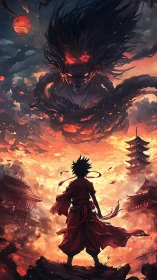 Fiery warrior confronts colossal demon above burning pagodas.