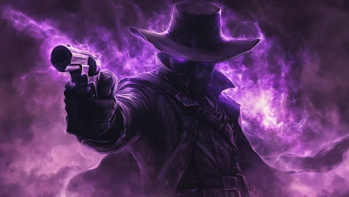 Shadowy gunslinger in purple mystical smoke aura.