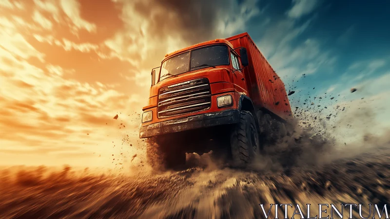 Blazing cargo truck storms through dust beneath split skies.
