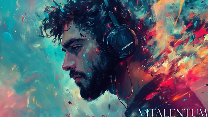 Man with headphones dissolves into abstract neon brushstrokes