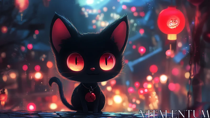 Black cat with red eyes against night lantern street.