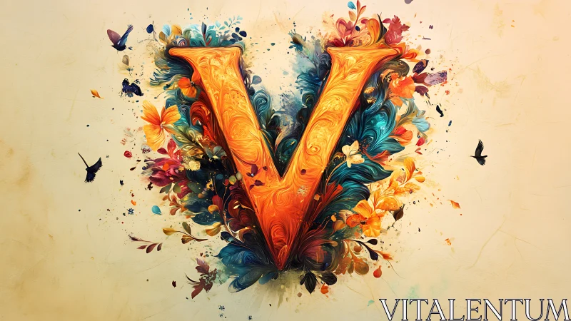 Floral letter V rendered with swirling pigment dynamics and depth