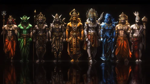 Row of nine stylized mythic warriors stands in formation