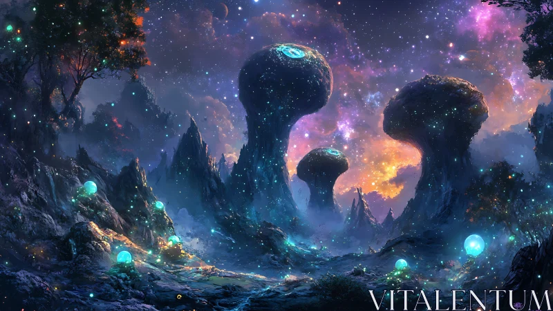 Starlit Mushroom Colossi Guarding a Neon Dream Valley.