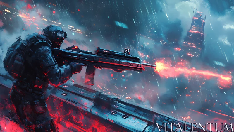 Cybernetic marksman firing railgun over neon rain-soaked megacity