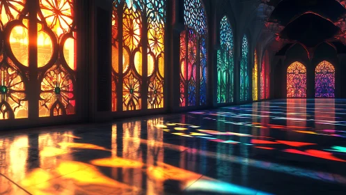 Prismatic stained glass arcade casts chromatic light ribbons