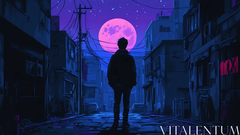 Silhouetted figure in neon city alley under large full moon.