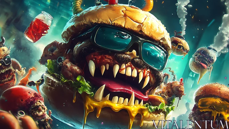 Mutated cheeseburger creatures with teeth in neon cityscape.