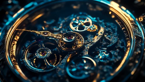 Gleaming clockwork gears glow in cinematic teal and gold light