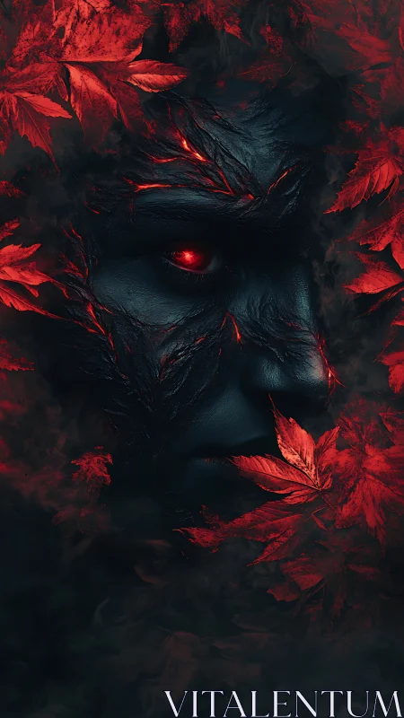 Infernal forest spirit face emerges through crimson leaves.