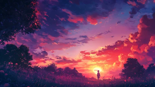 Chromatic stratocumulus sunset over silhouetted field observer.