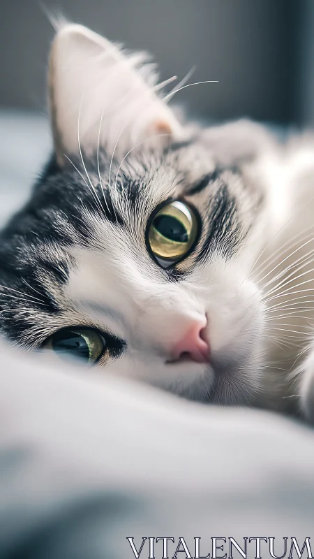 Black and White Domestic Cat Close-up Study.