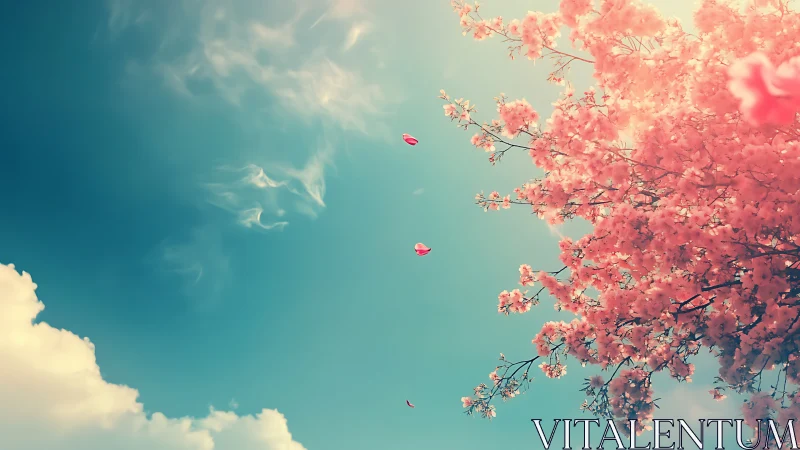 Cherry blossom branches against bright sky with clouds.
