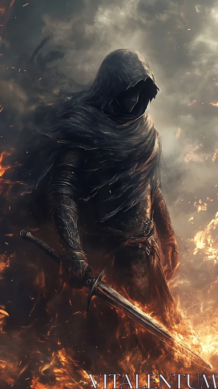 Dark hooded swordsman in infernal high-contrast digital painting.