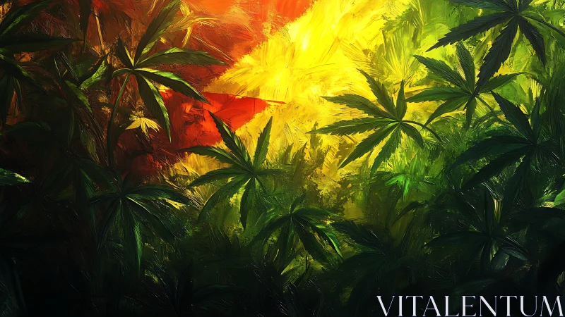 Lush tropical leaves soaking in bold sunset colors.