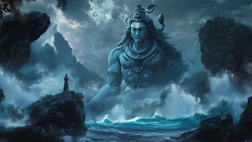 Colossal oceanic Shiva manifestation amid storm-lashed cliffs