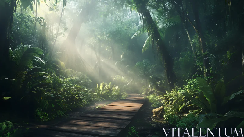 Wooden pathway through dense tropical forest canopy with diffused light