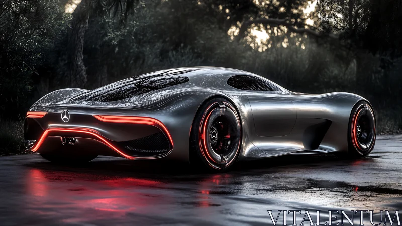 Futuristic silver concept car glows over wet forest road