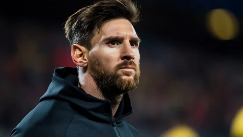 Photorealistic stadium portrait with shallow depth of field.