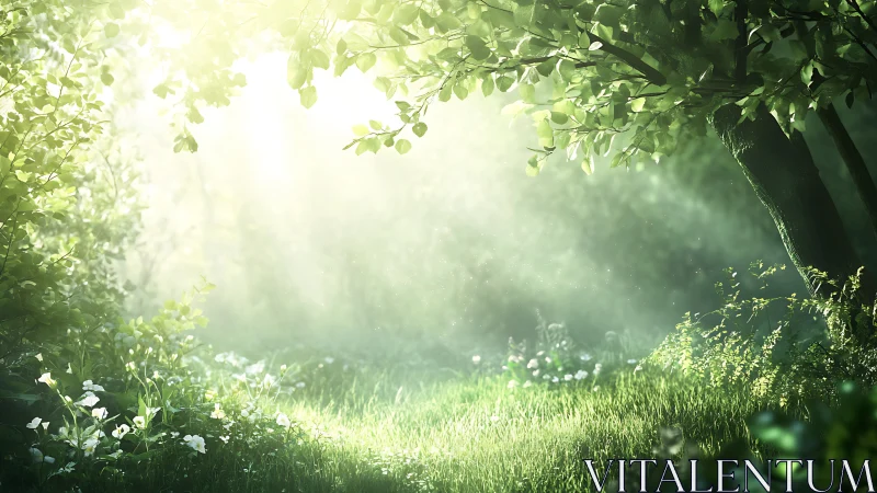 Sunlit Forest Clearing with Soft Greenery in Dreamlike Style.