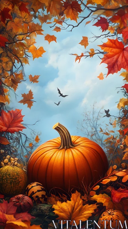 Large pumpkin centered among autumn leaves under blue sky