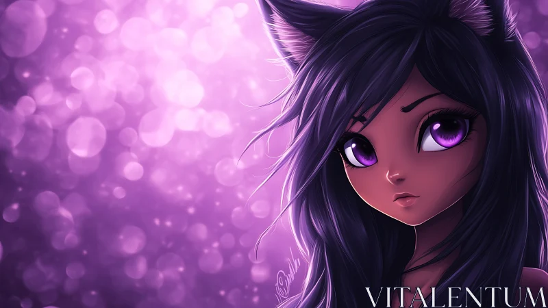 Cat-eared anime girl gazes through a dreamy violet haze