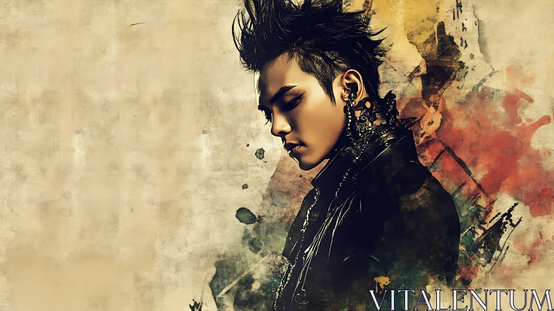 Side-profile digital portrait of moody punk figure with ink bursts