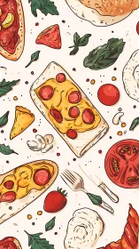 Seamless hand drawn pizza slices with herbs and toppings