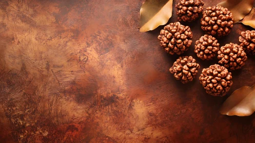 Copper toned decorative nuts on textured brown background.