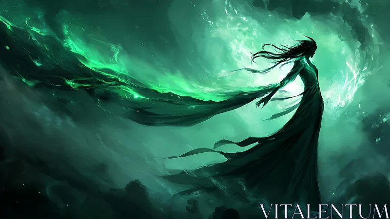 Mystical spirit in flowing emerald light-filled storm.