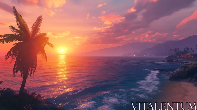 Gentle tropical sunset colors drift across a calm coastline