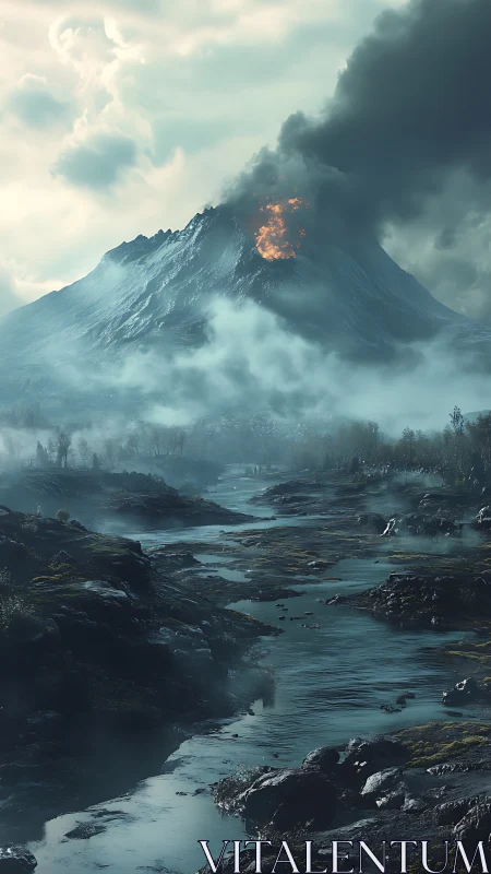 Gentle river winding below a restless misty volcano.