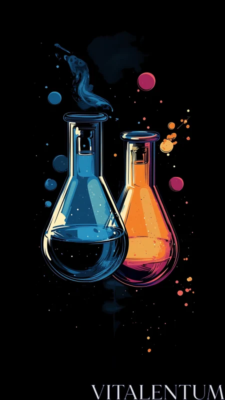 Colorful laboratory flasks with liquid and splashes on black