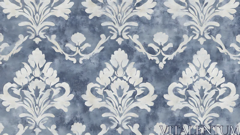 Vintage damask wallpaper with distressed blue-grey ground
