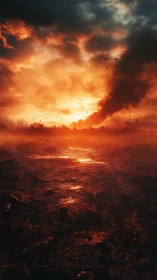 Apocalyptic Landscape with Fiery Sky and Silhouetted Birds.
