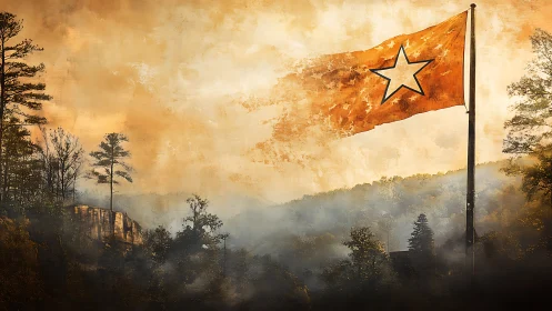 Weathered orange star flag over misty forested hills.