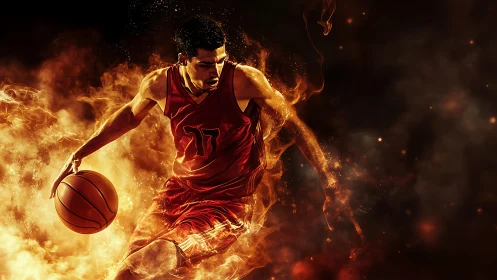 Basketball player drives through swirling fiery energy court