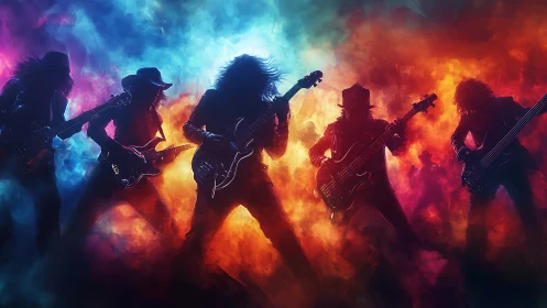 Electric neon rock band bathing in swirling color clouds.