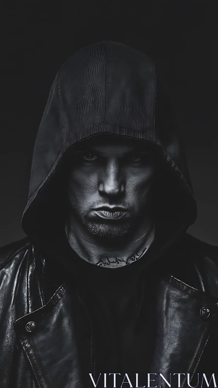 Hooded male subject in low‑key monochrome studio portrait