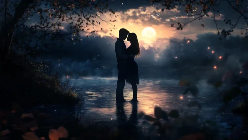 Silhouetted couple kissing in moonlit stream at dusk.