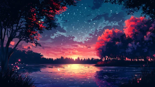 Twilight lake glows softly beneath a starry, dreamlit sky