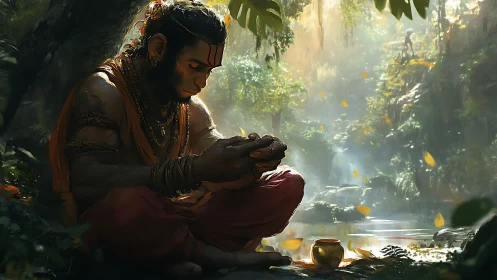 Meditative monkey warrior contemplates relic in misty jungle